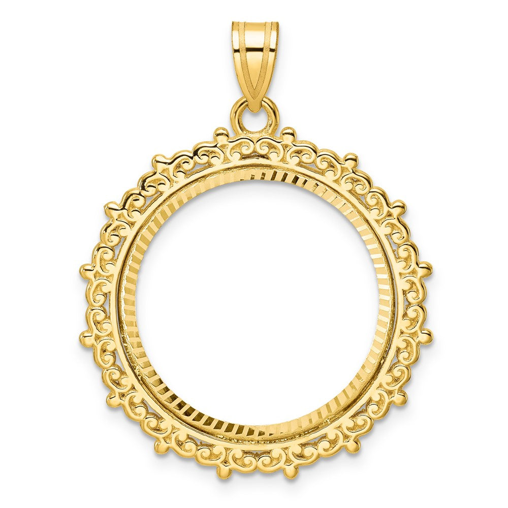 14k Polished & Diamond-cut Fancy 22.0mm Prong Coin Bezel Pendant