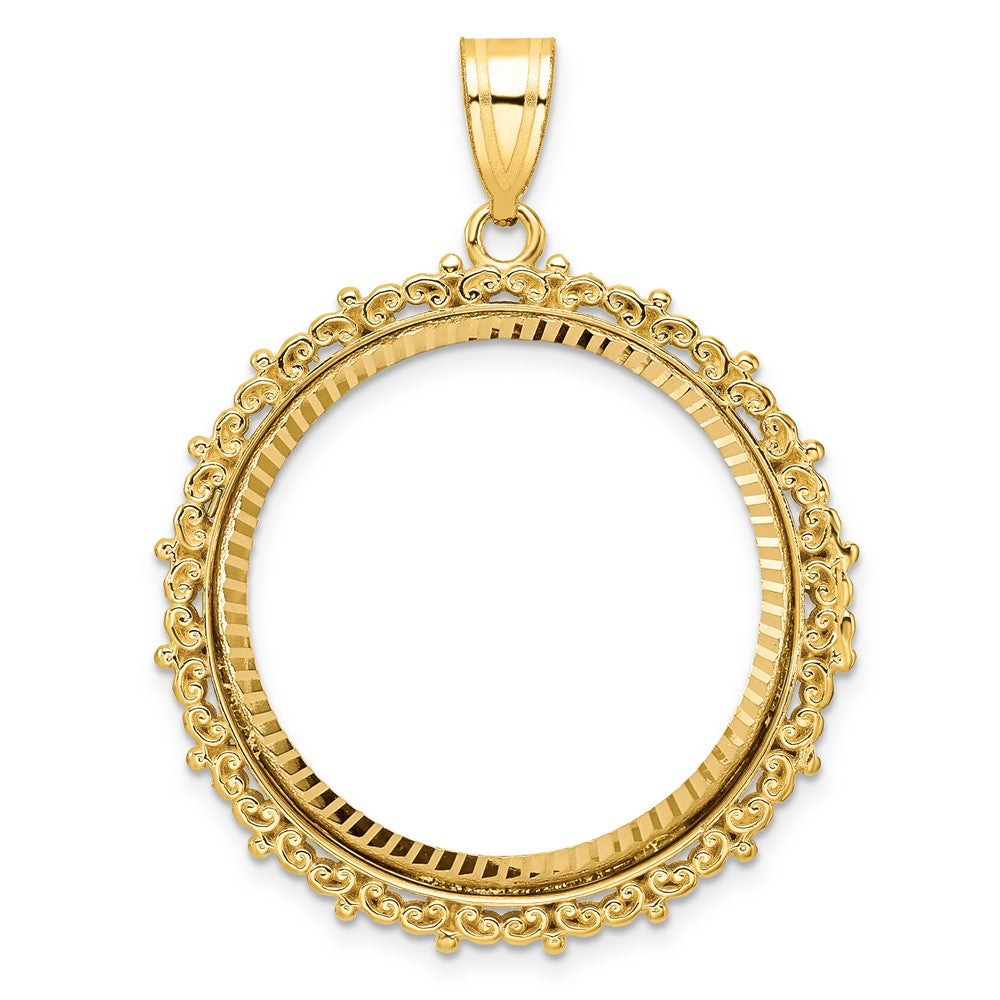 14k Polished & Diamond-cut Fancy 27.0mm Prong Coin Bezel Pendant