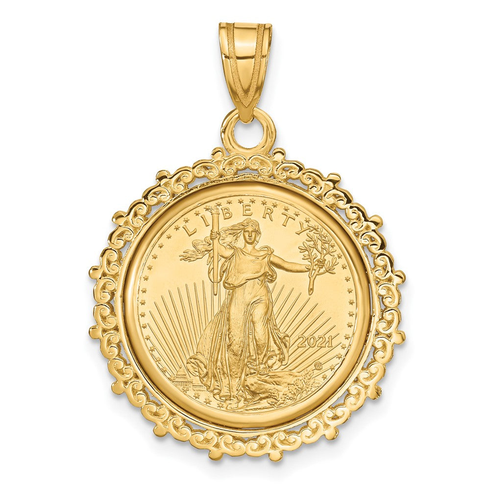 14k Polished Fancy Mounted 1/10oz AM Eagle Prong Coin Bezel Pendant