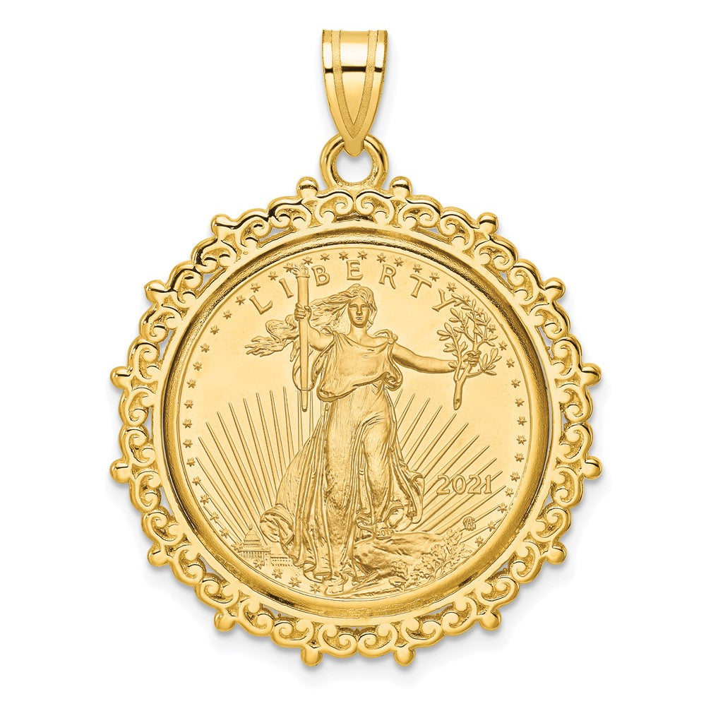 14k Polished Fancy Mounted 1/4oz AM Eagle Prong Coin Bezel Pendant