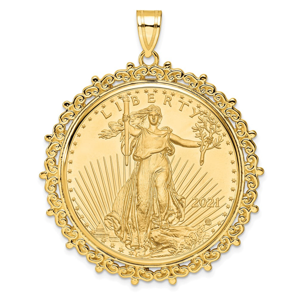 14k Polished Fancy Mounted 1oz AM Eagle Prong Coin Bezel Pendant