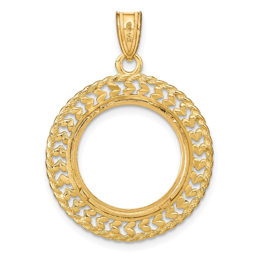 14k Polished & D/C Heart & Rope 16.5mm Prong Coin Bezel Pendant