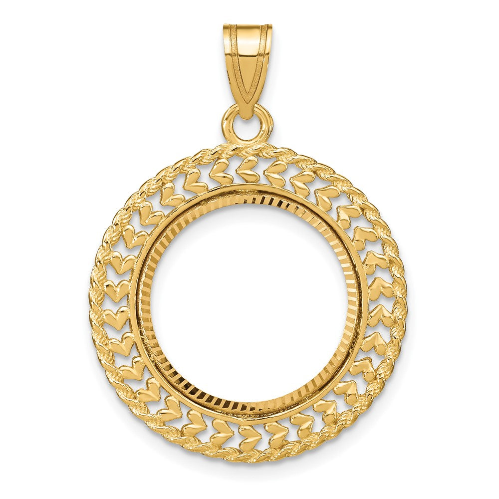 14k Polished & D/C Heart & Rope 16.5mm Prong Coin Bezel Pendant