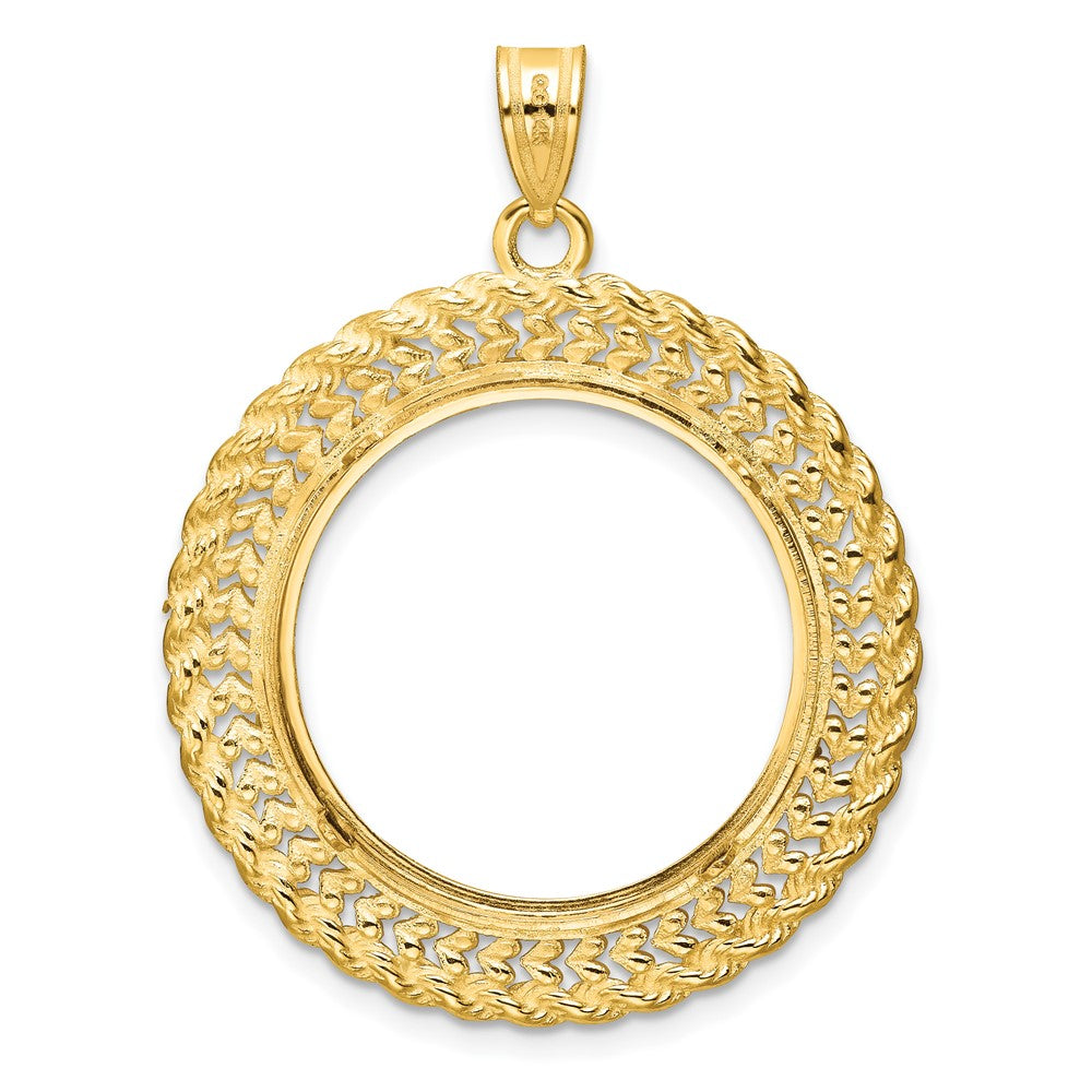 14k Polished & D/C Heart & Rope 22.0mm Prong Coin Bezel Pendant