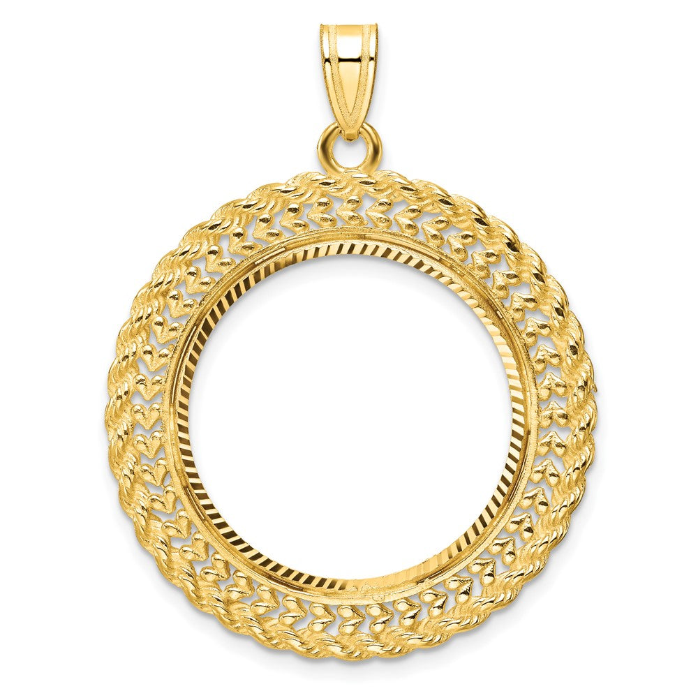 14k Polished & D/C Heart & Rope 22.0mm Prong Coin Bezel Pendant