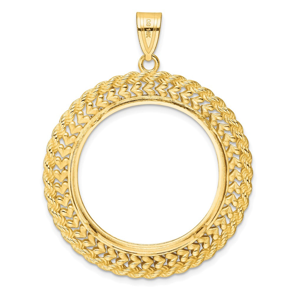 14k Polished & D/C Heart & Rope 27.0mm Prong Coin Bezel Pendant
