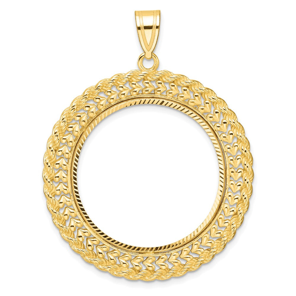 14k Polished & D/C Heart & Rope 27.0mm Prong Coin Bezel Pendant