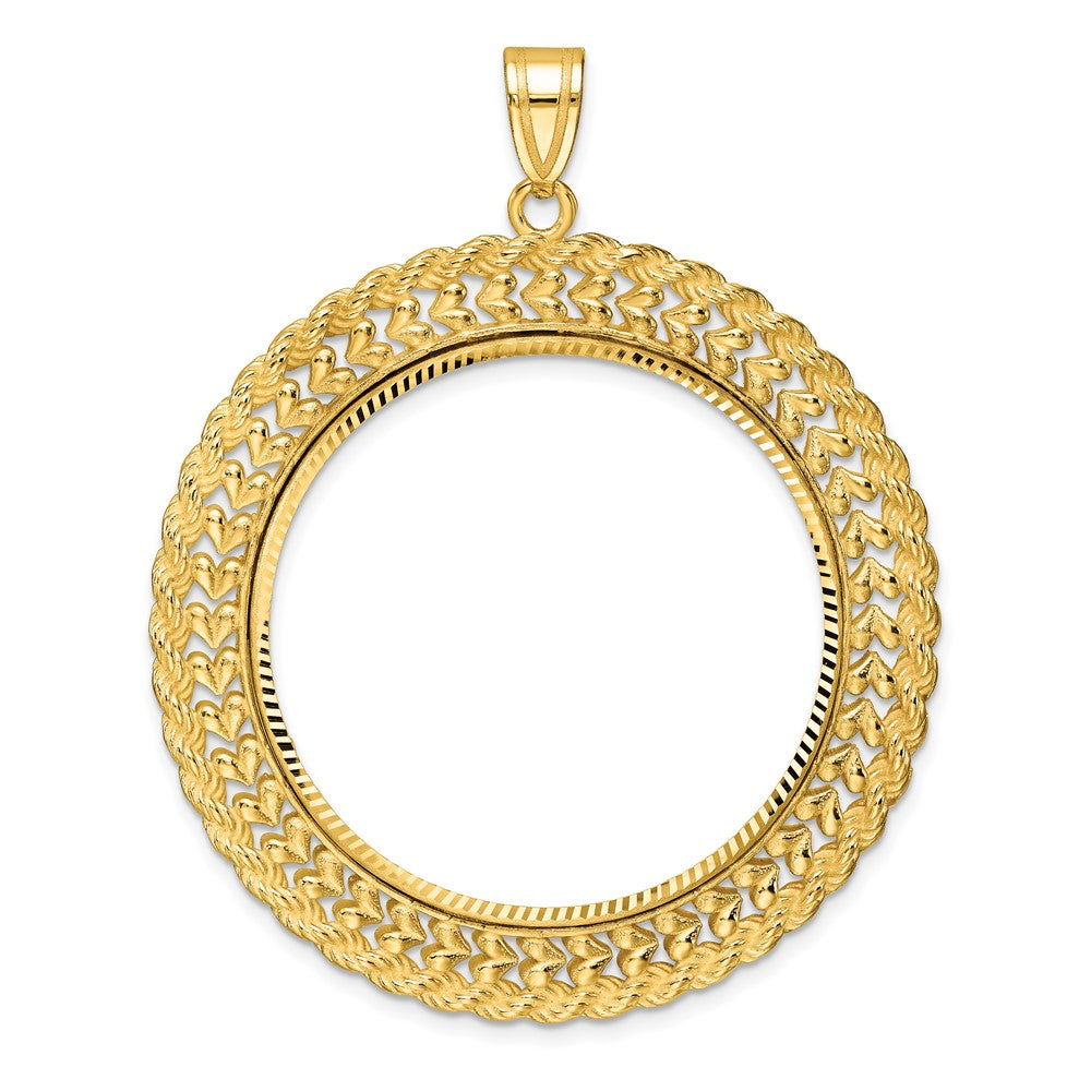 14k Polished & D/C Heart & Rope 32.7mm Prong Coin Bezel Pendant