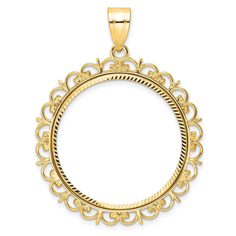 14k Polished and Diamond-cut Fancy 27.0mm Prong Coin Bezel Pendant