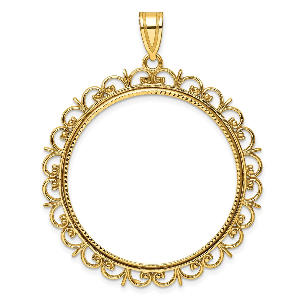 14k Polished and Diamond-cut Fancy 32.7mm Prong Coin Bezel Pendant