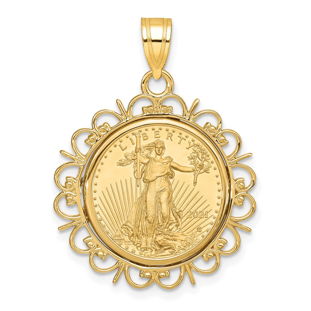 14k Polished Fancy Mounted 1/10oz AM Eagle Prong Coin Bezel Pendant