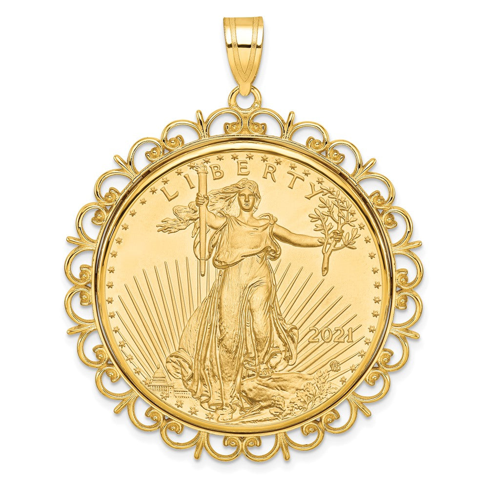 14k Polished Fancy Mounted 1oz AM Eagle Prong Coin Bezel Pendant