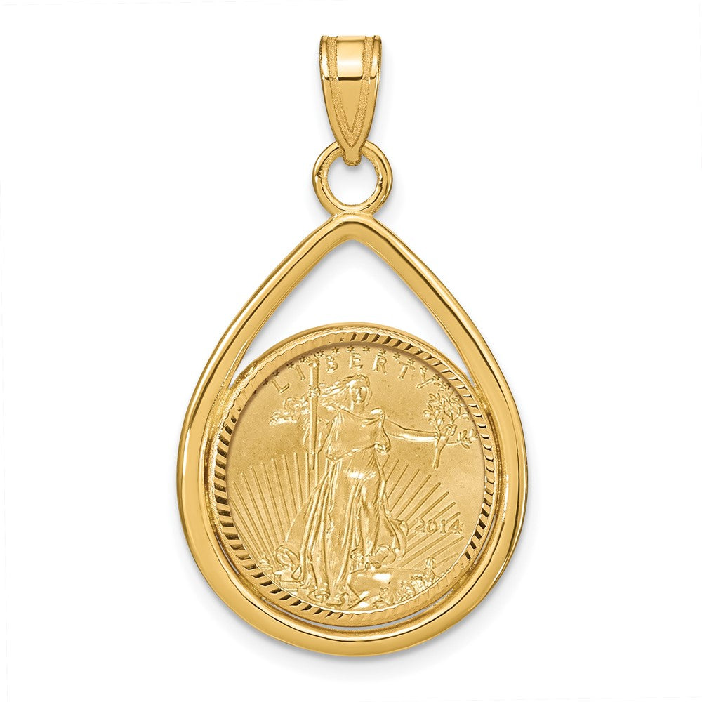 14ky 1/10oz Mounted American Eagle Coin Diamond-cut Bezel Tear Drop Pendant