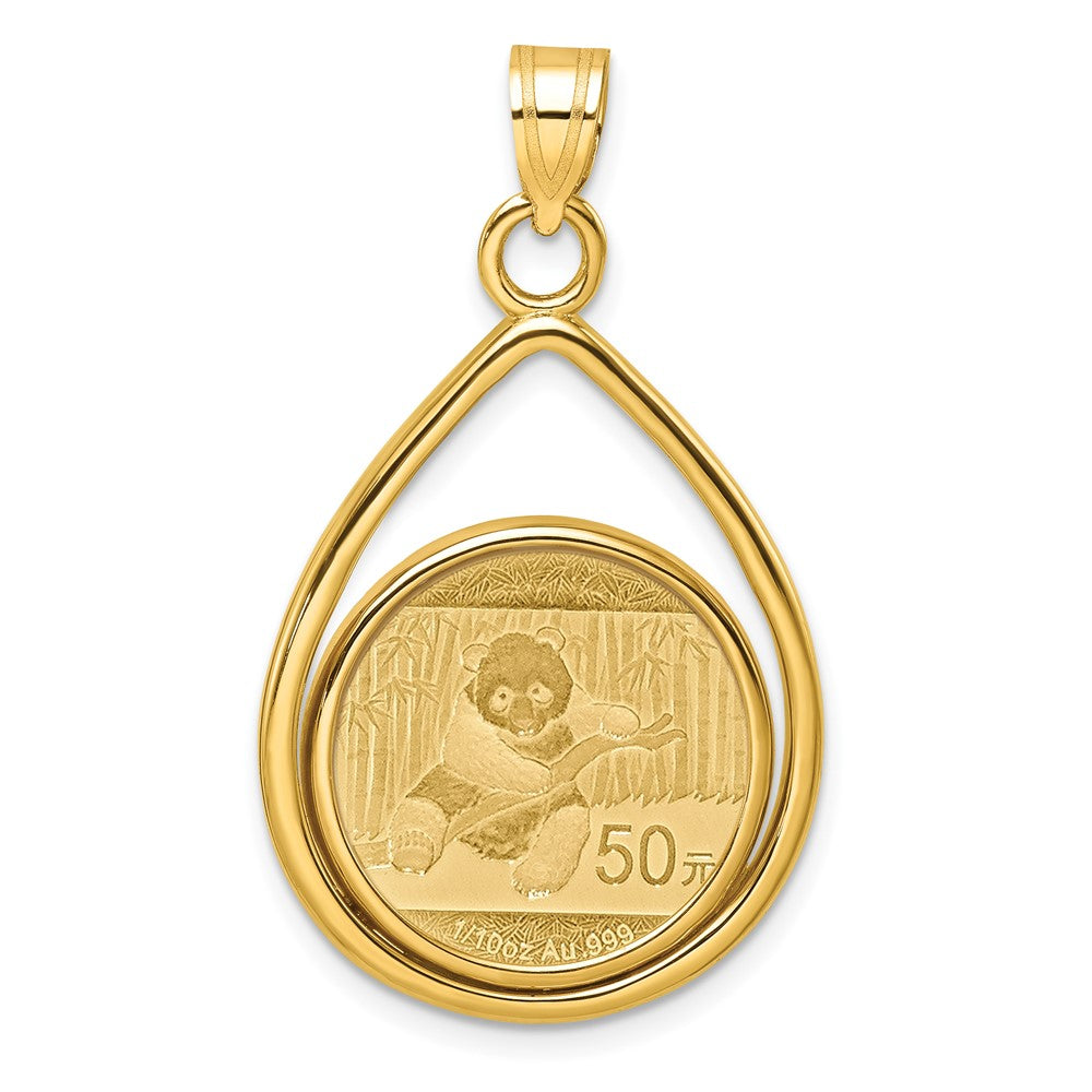 14k Polished Teardrop Mounted 1/10oz Panda Prong Coin Bezel Pendant