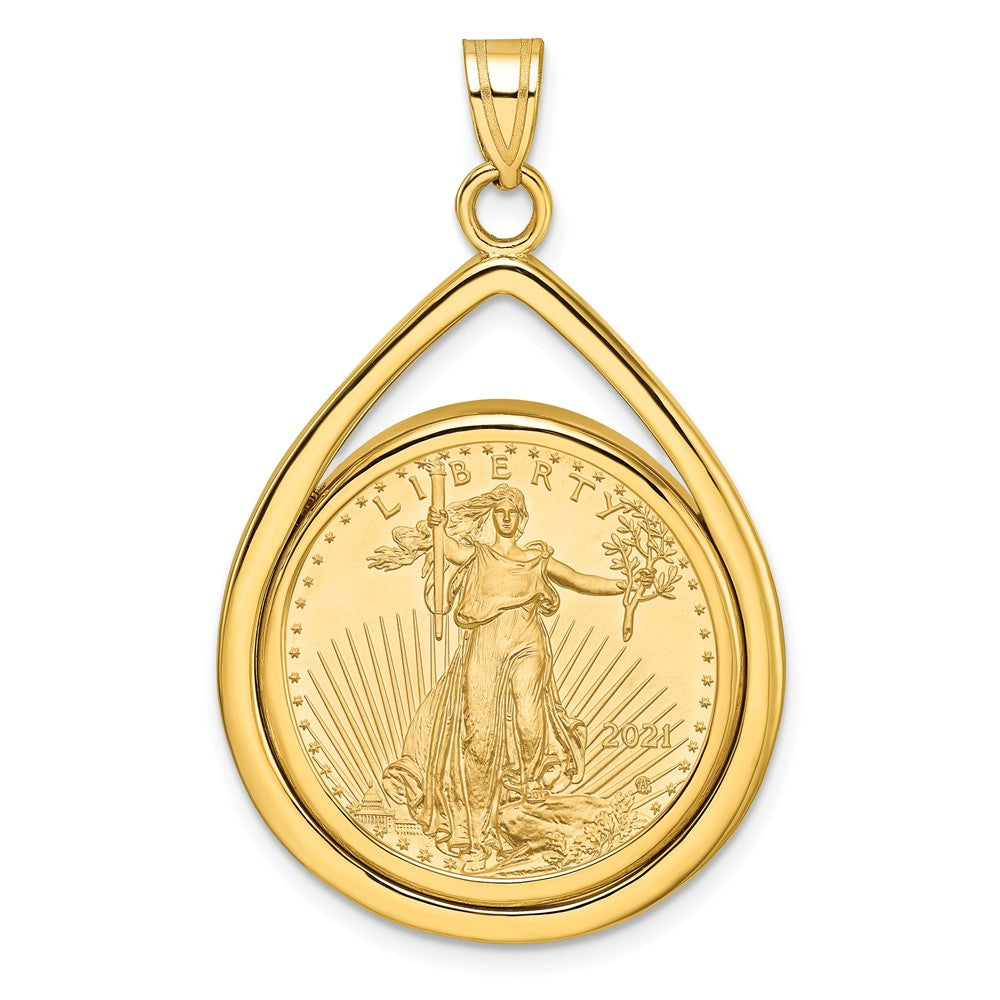 14k Polished Teardrop Mounted 1/4oz AM Eagle Prong Coin Bezel Pendant
