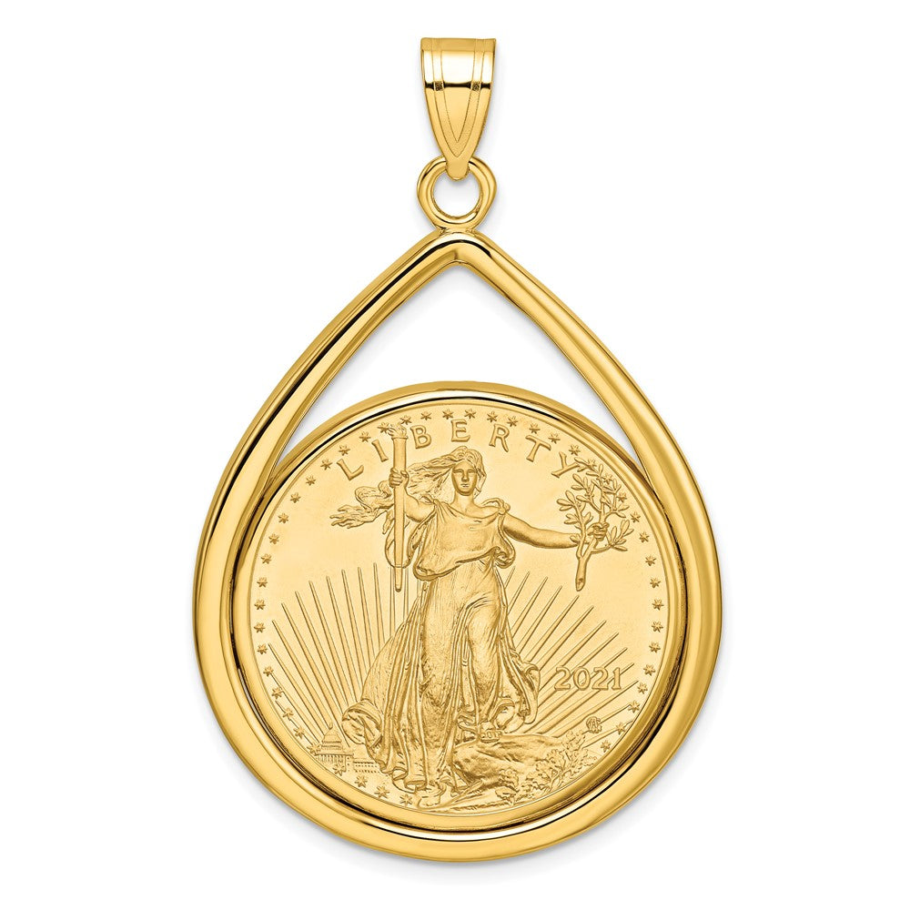 14k Polished Teardrop Mounted 1/2oz AM Eagle Prong Coin Bezel Pendant