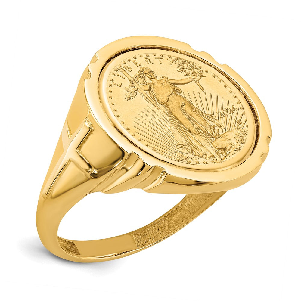 14k Men's Polished Cross Sides Mounted 1/10oz AM Eagle Coin Bezel Ring