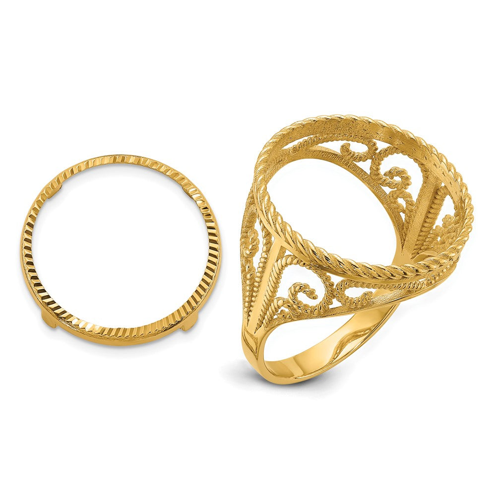 14k Ladies' D/C & Twisted Wire Scroll Design 16.5mm Coin Bezel Ring