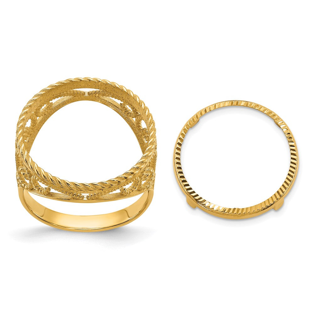 14k Ladies' D/C & Twisted Wire Scroll Design 16.5mm Coin Bezel Ring