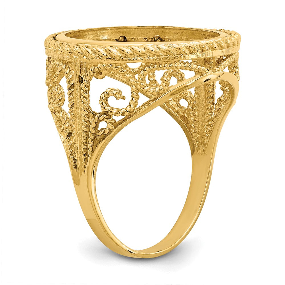 14k Ladies' Polished & Twisted Wire Scroll Design 16.5mm Coin Bezel Ring