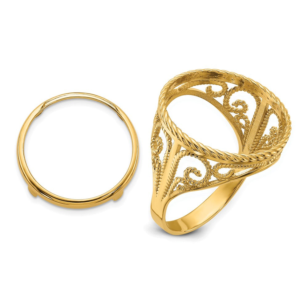 14k Ladies' Polished & Twisted Wire Scroll Design 16.5mm Coin Bezel Ring