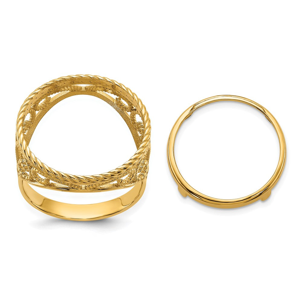14k Ladies' Polished & Twisted Wire Scroll Design 16.5mm Coin Bezel Ring
