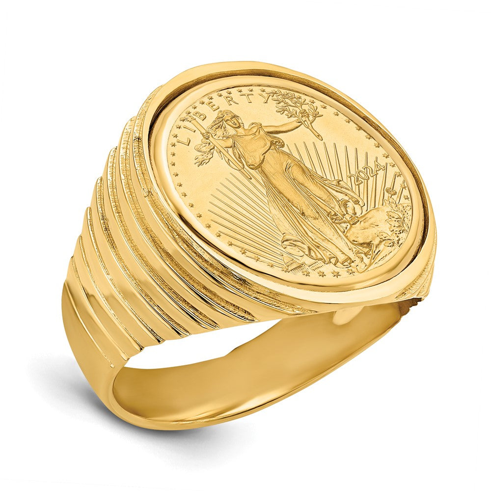 14k Men's Polished Ribbed Edge Mounted 1/10oz AM Eagle Coin Bezel Ring