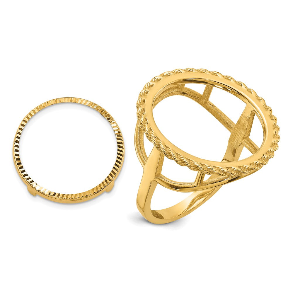 14k Ladies' Polished Textured D/C Rope Edge 16.5mm Coin Bezel Ring