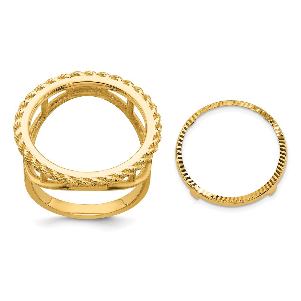 14k Ladies' Polished Textured D/C Rope Edge 16.5mm Coin Bezel Ring