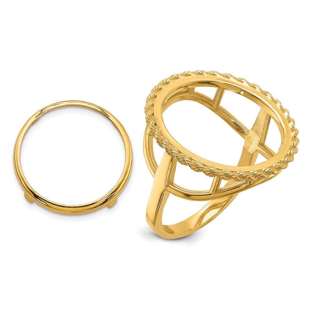 14k Ladies' Polished and Textured Rope Edge 16.5mm Coin Bezel Ring