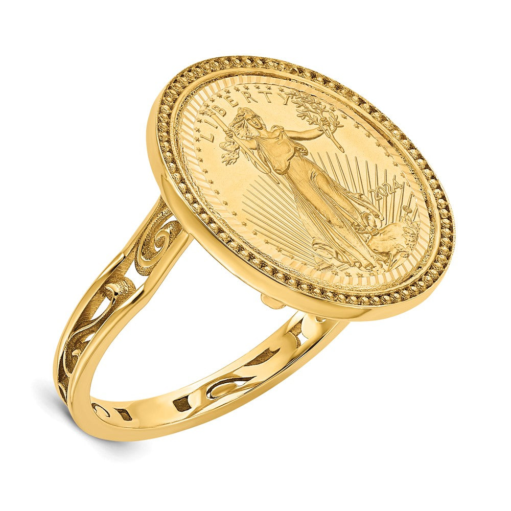 14k Ladies' Beaded & D/C Mounted 1/10oz AM Eagle Coin Bezel Ring