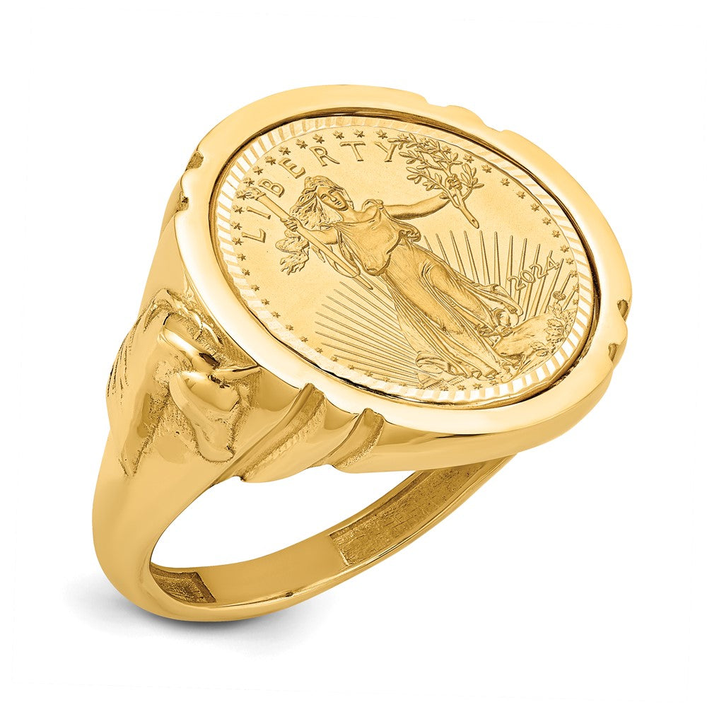 14k Polished & D/C Horse Sides Mounted 1/10oz AM Eagle Coin Bezel Ring