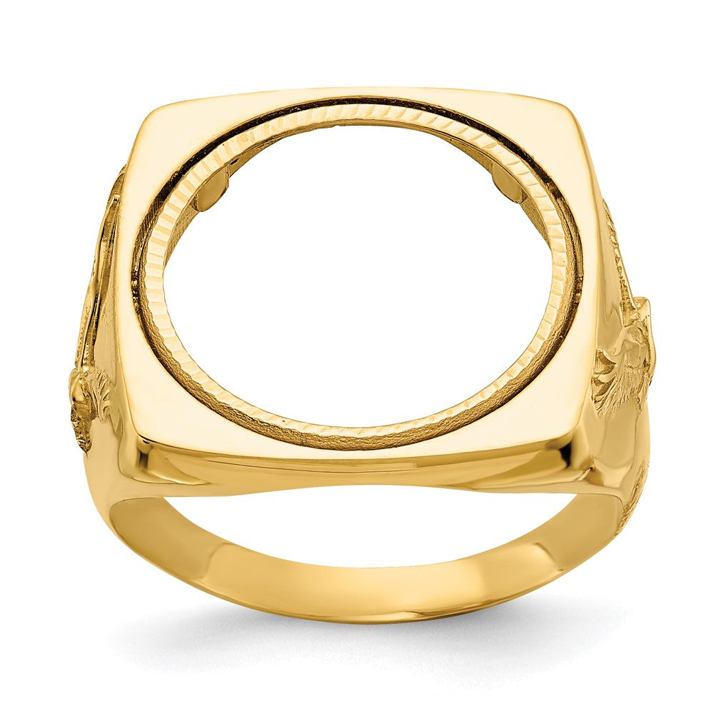 14k Men's Polished & D/C w/ Eagle Side Square 16.5mm Coin Bezel Ring