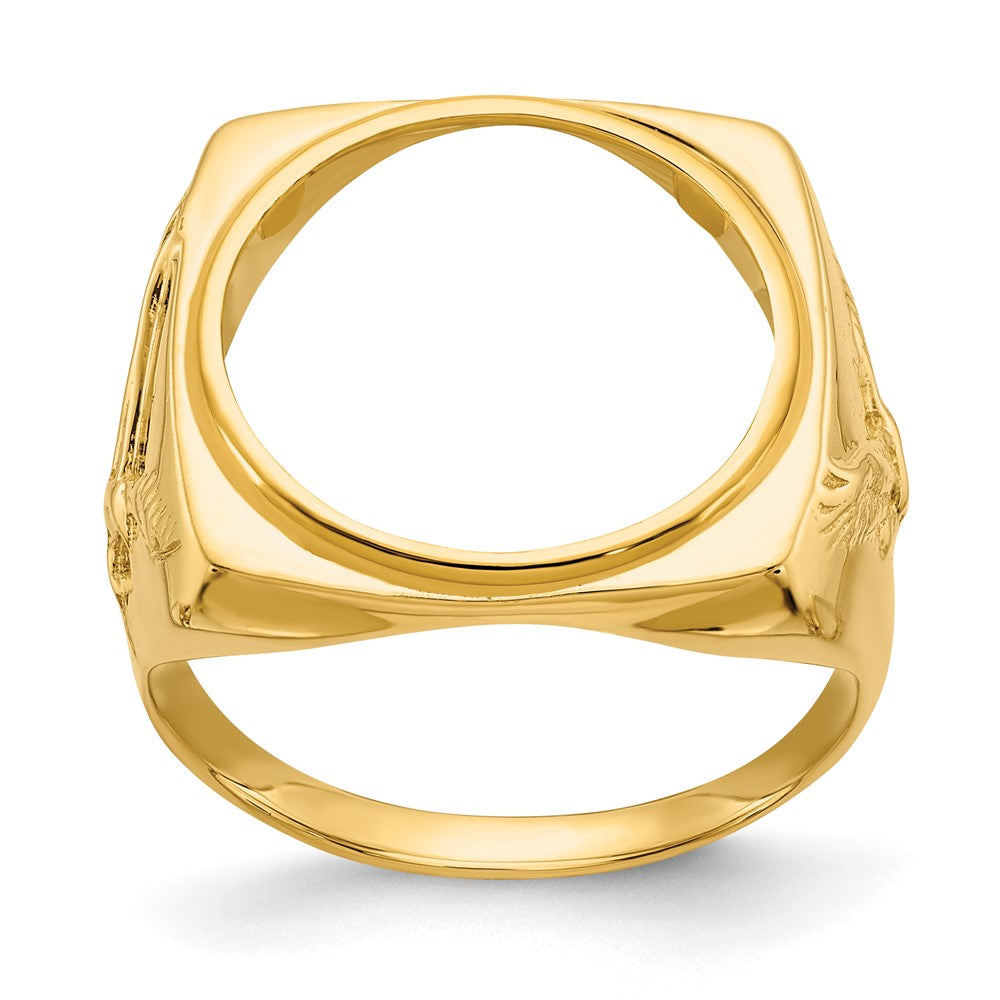 14k Men's Polished Flying Eagle Side Square 16.5mm Coin Bezel Ring