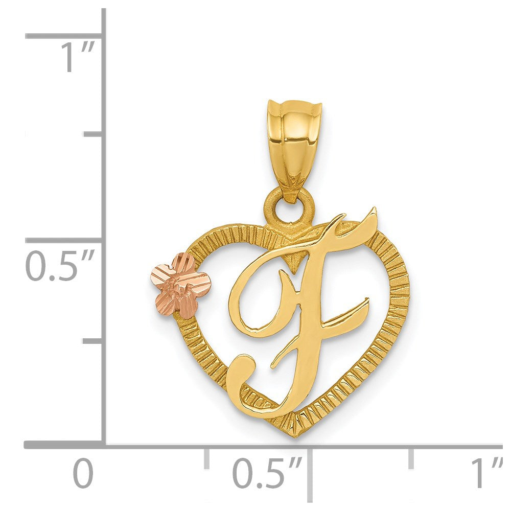 14k Two-Tone Heart Letter F Initial Pendant