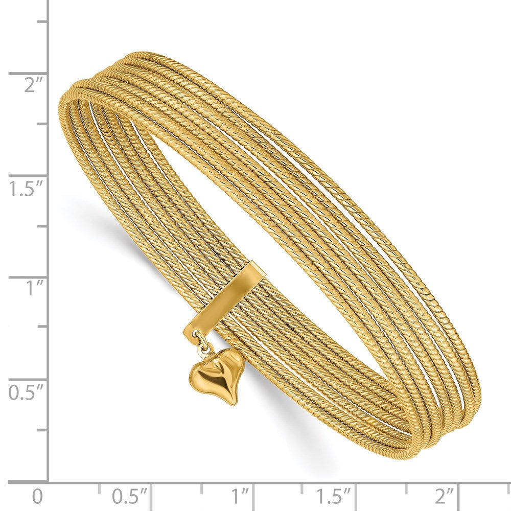 14K w/ Dangle Heart Oversized Slip-on Set of 7 Textured Bangles