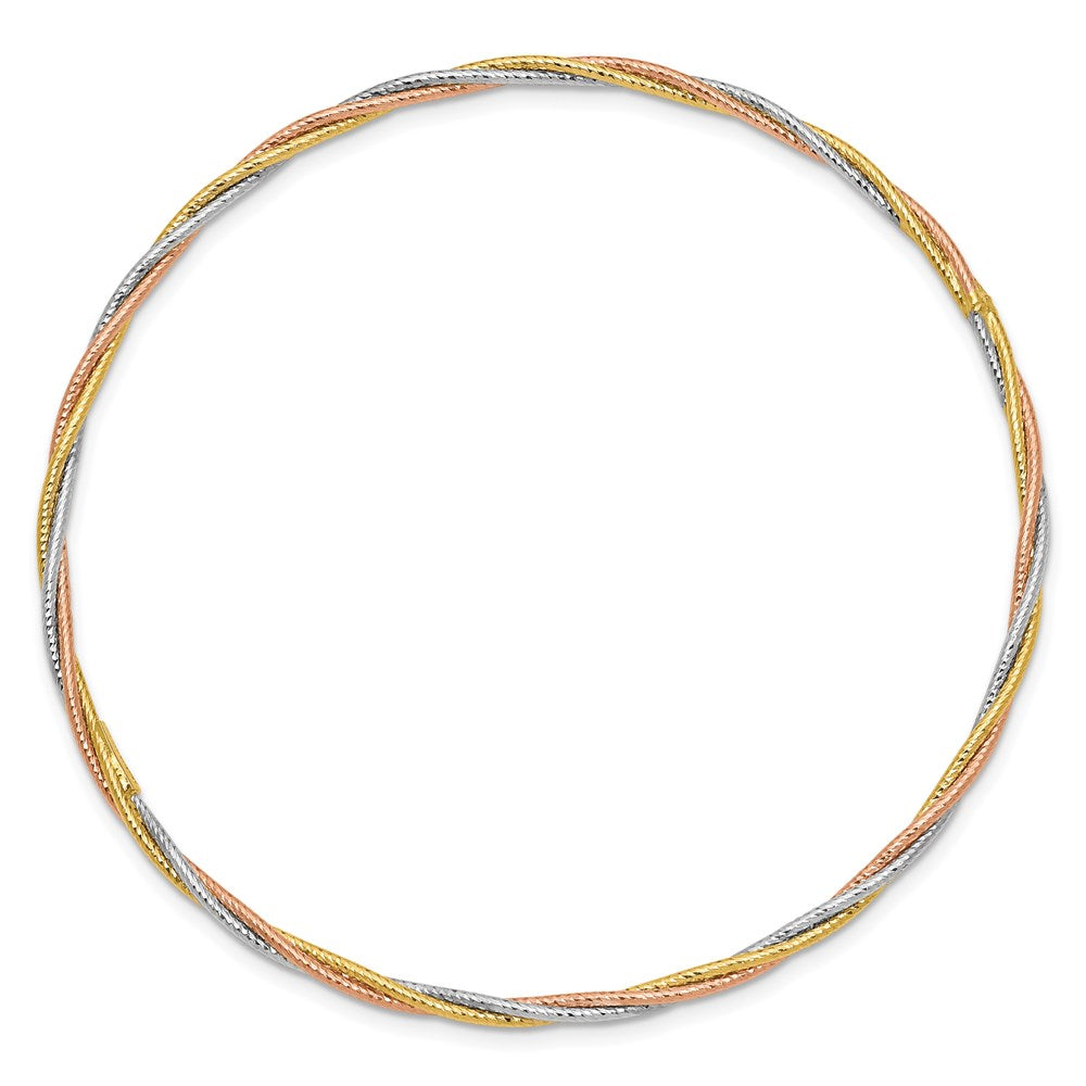 14k Tri-color Diamond-cut Twisted Slip-on Bangle