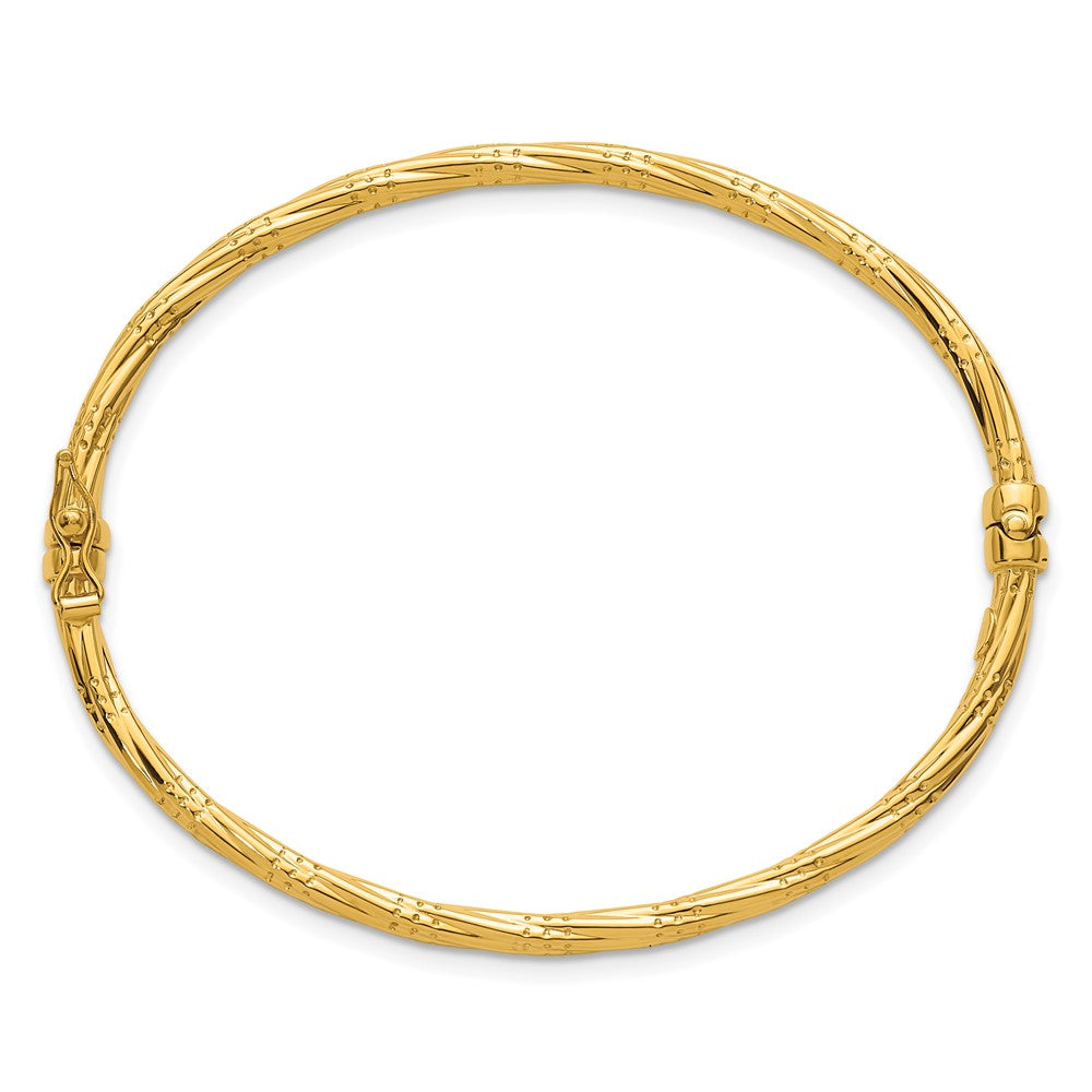 14K Polished and Textured Twisted Hinged Bangle