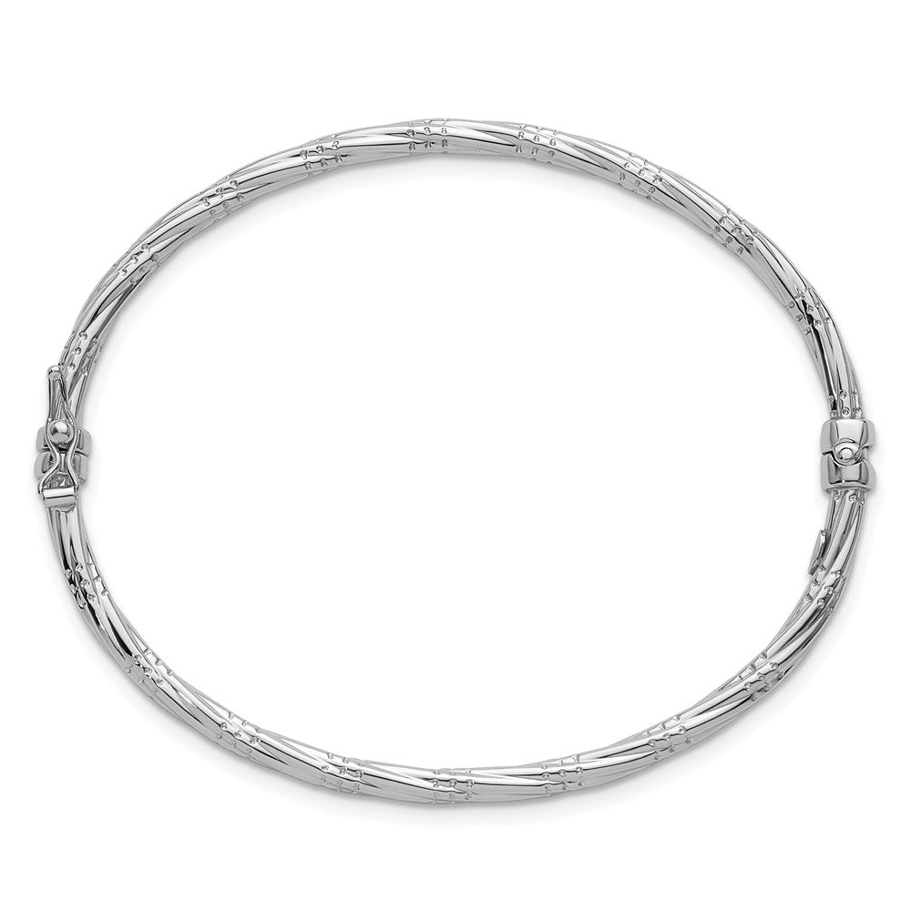 14K with White Rhodium Polished and Textured Twisted Hinged Bangle