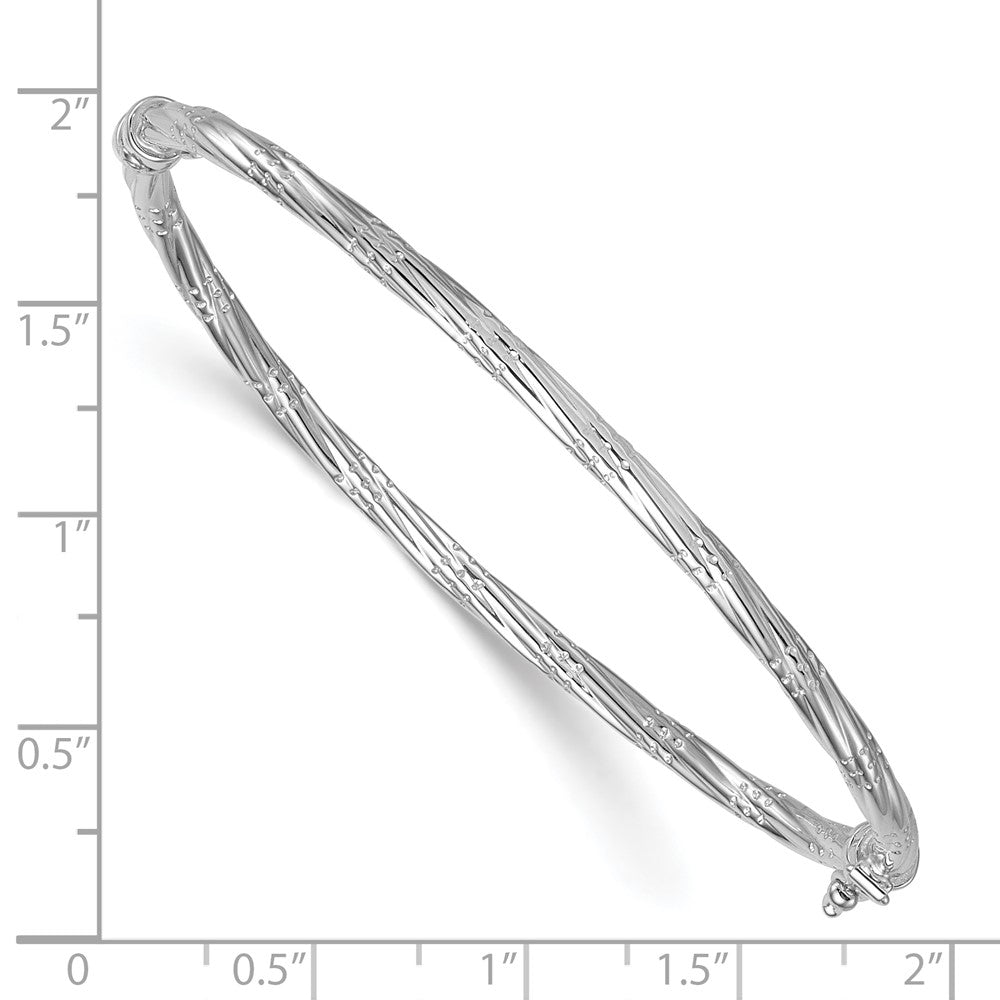 14K with White Rhodium Polished and Textured Twisted Hinged Bangle