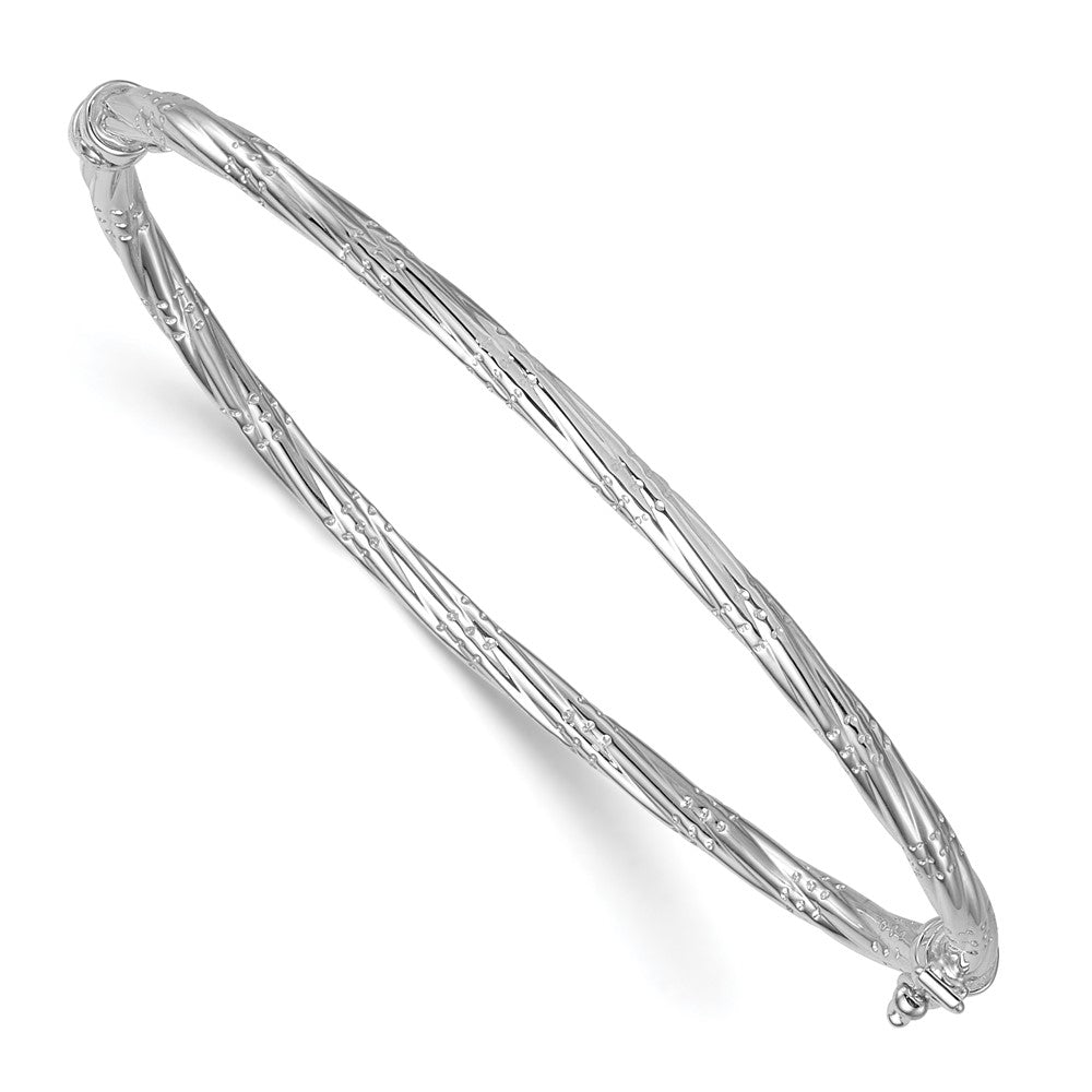 14K with White Rhodium Polished and Textured Twisted Hinged Bangle