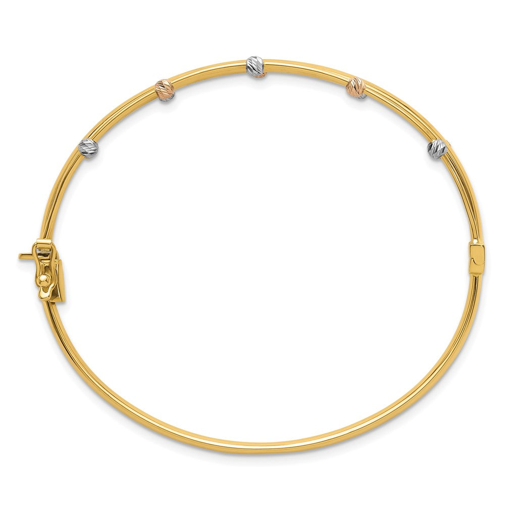 14k Tri-color Polished 3 Row D/C Bead Hinged Bangle Bracelet