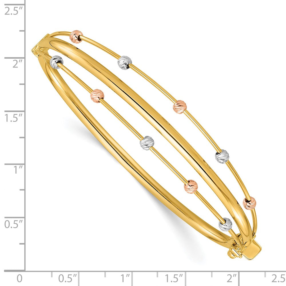 14k Tri-color Polished 3 Row D/C Bead Hinged Bangle Bracelet