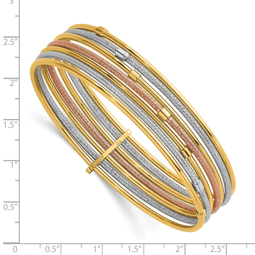 14K w/White &Rose RH Polish and Textured 7 Row Slip On Bangle