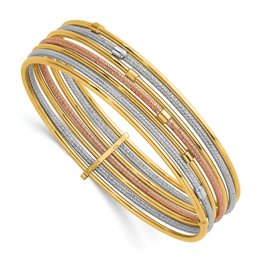 14K w/White &Rose RH Polish and Textured 7 Row Slip On Bangle