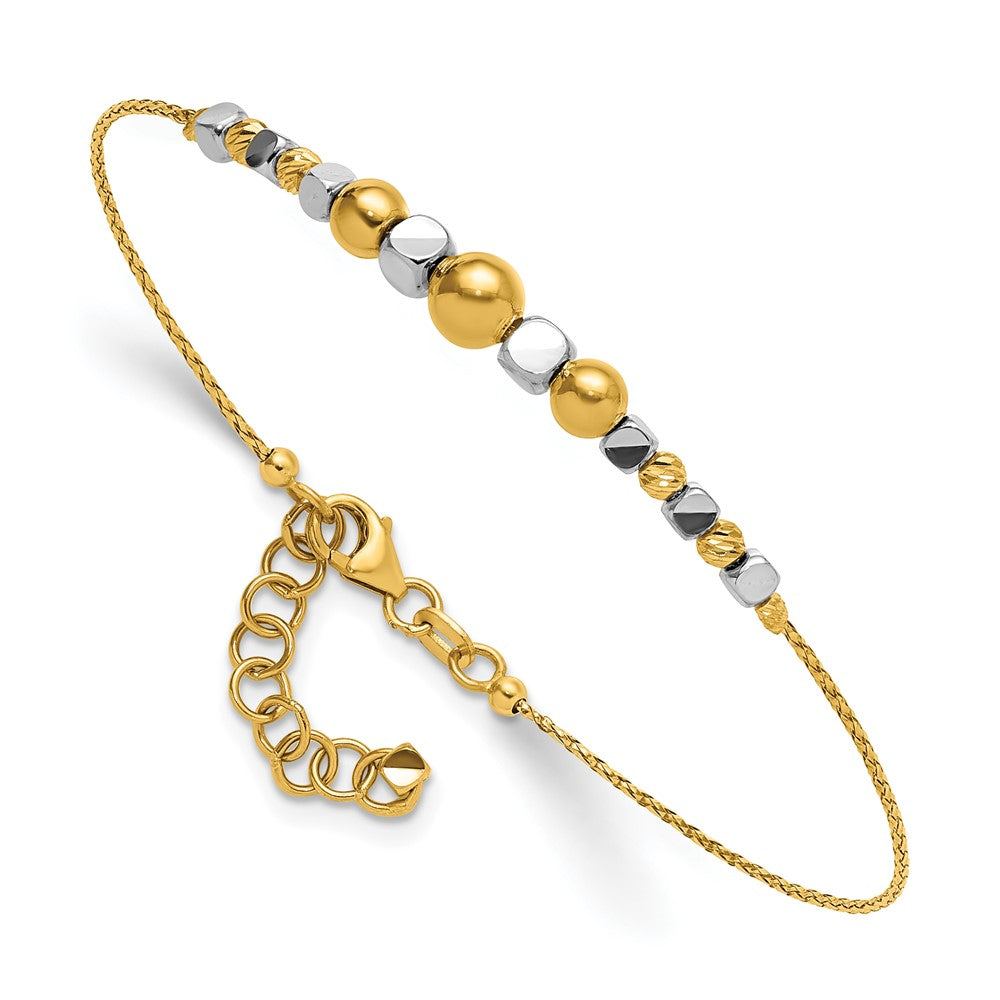 14K Two-Tone Polished Diamond-cut Beaded w/ ext. Bracelet