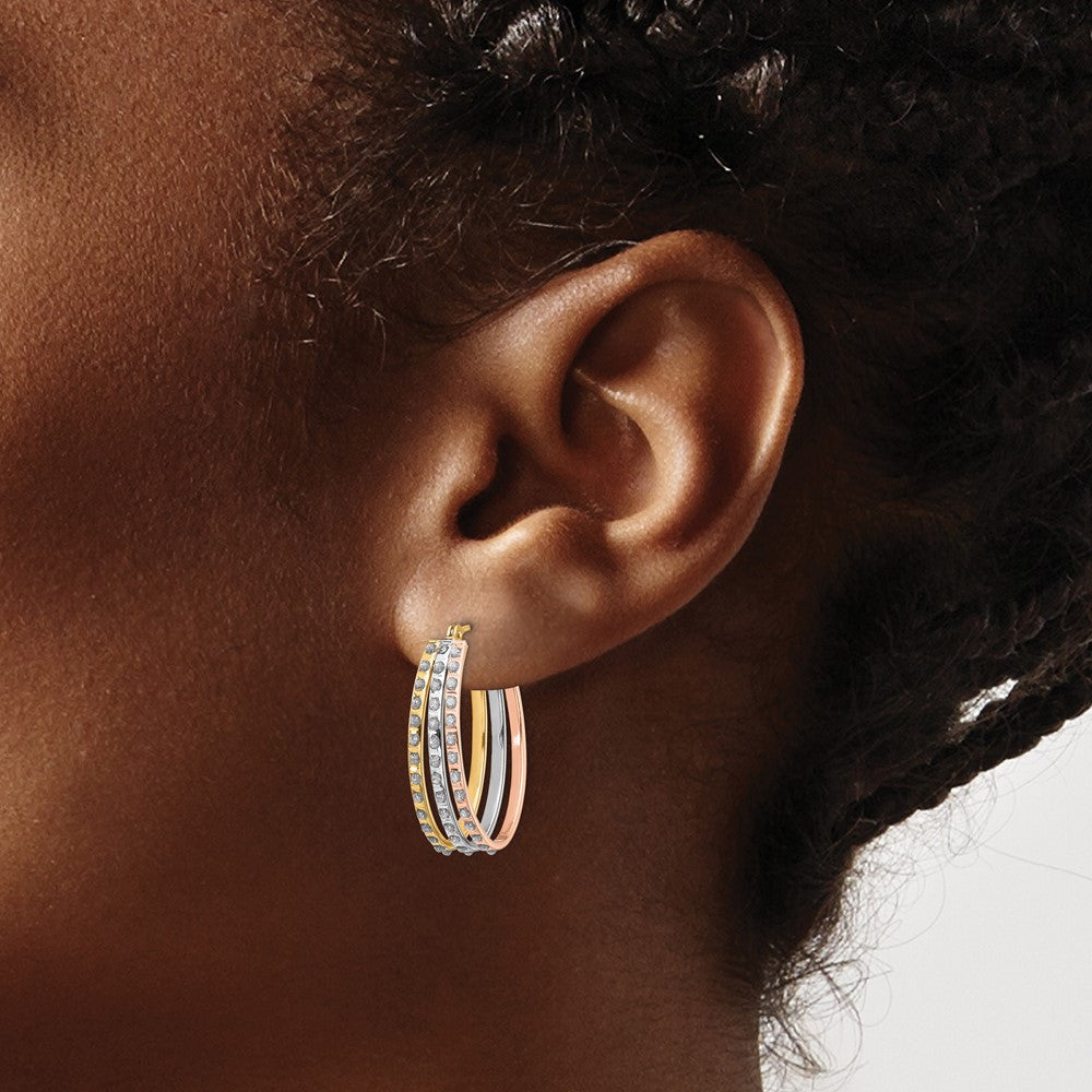 14k Tri-color Diamond Fascination Dia. Dust/Accent Oval 3 Hoop Earrings