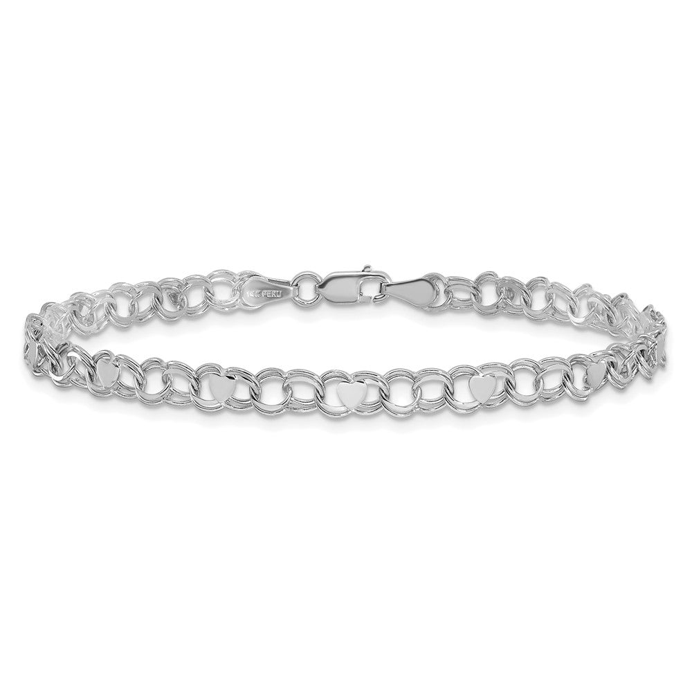 14k White Gold Double Link with Hearts Charm Bracelet