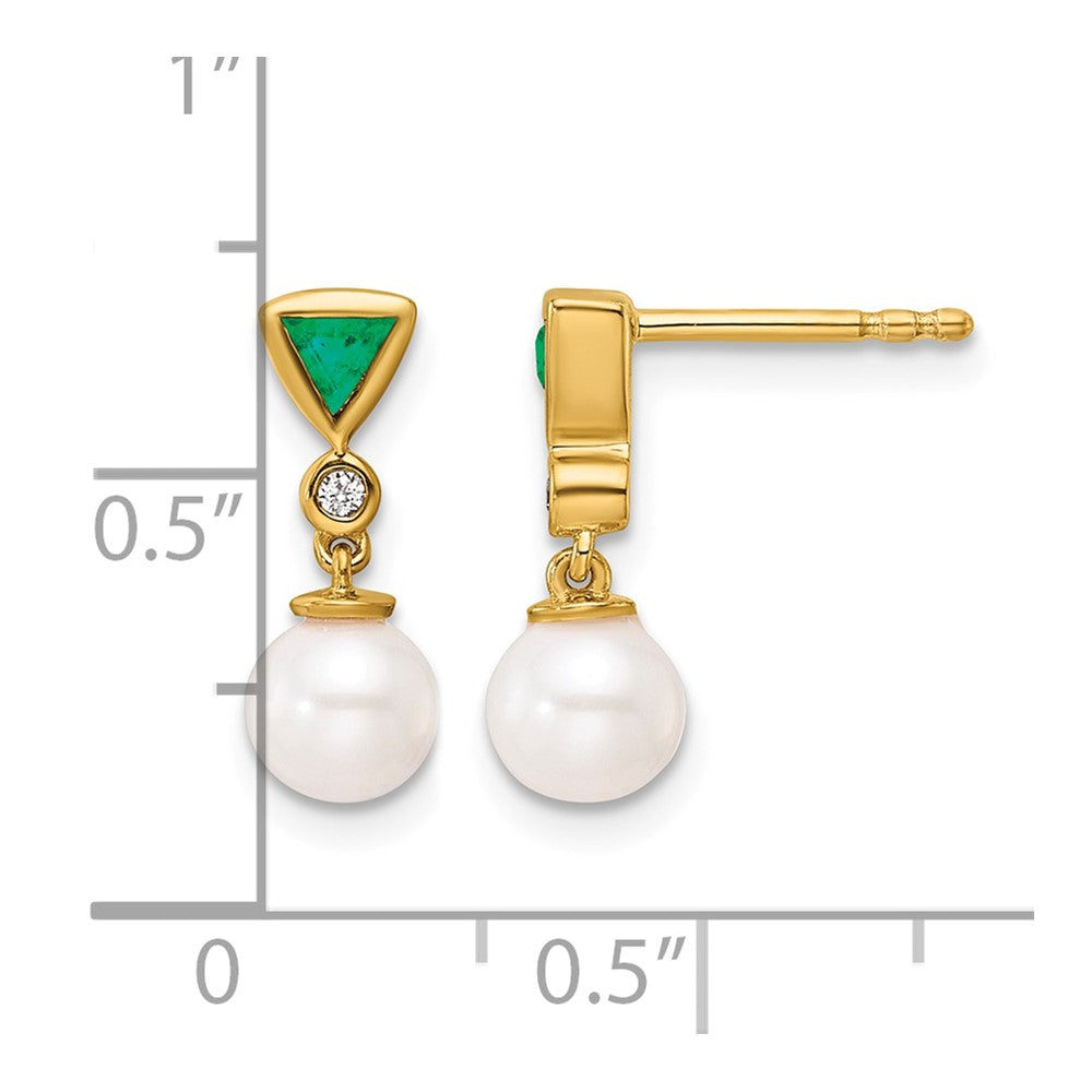 14K Polished Diamond and Emerald Pearl Dangle Post Earrings