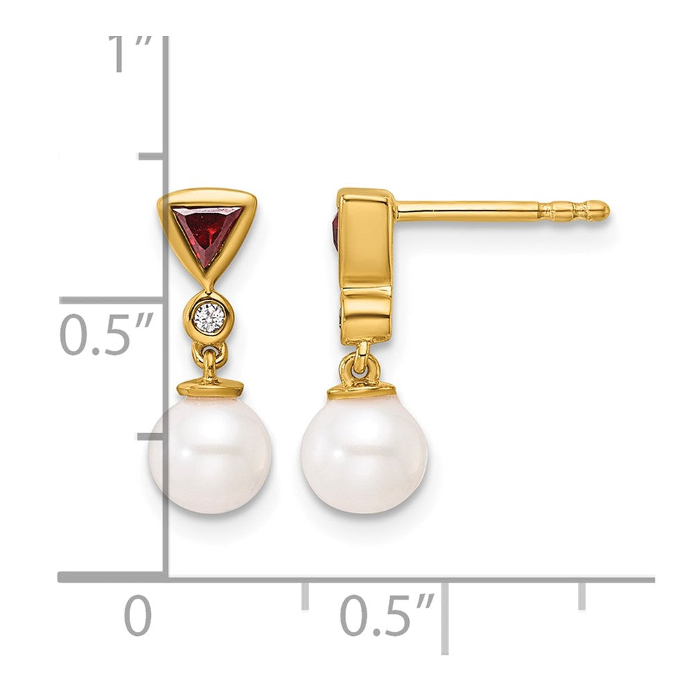 14K Polished Diamond and Ruby Pearl Dangle Post Earrings